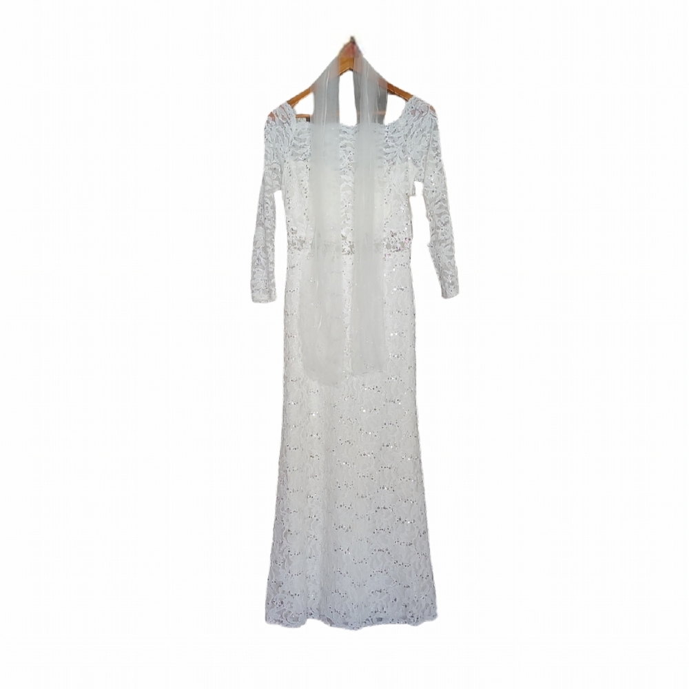 NWT Cindy Collection White Lace Sequins Long Sleeve Wedding Dress Size Medium